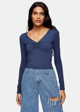 Темно-синий лонгслив со сборками спереди Topshop-Голубой