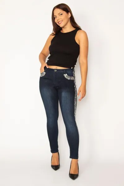 Женские джинсы скинни большого размера темно-синего цвета с лаковым принтом по бокам и карманами с пятью карманами 65n27811 Şans, темно-синий