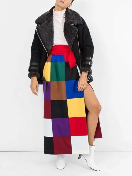SARA BATTAGLIA Юбка с цветными блоками в стиле пэчворк, эластичная шерстяная юбка с завязками на завязках 48 12US L