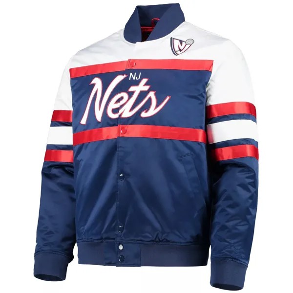 Мужская темно-синяя атласная куртка на кнопках Mitchell & Ness New Jersey Nets из твердой древесины с классическим рисунком