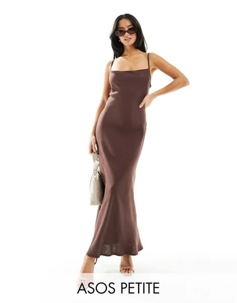 Длинное летнее льняное платье-комбинация ASOS Petite шоколадно-коричневого цвета с капюшоном и драпировкой на спине