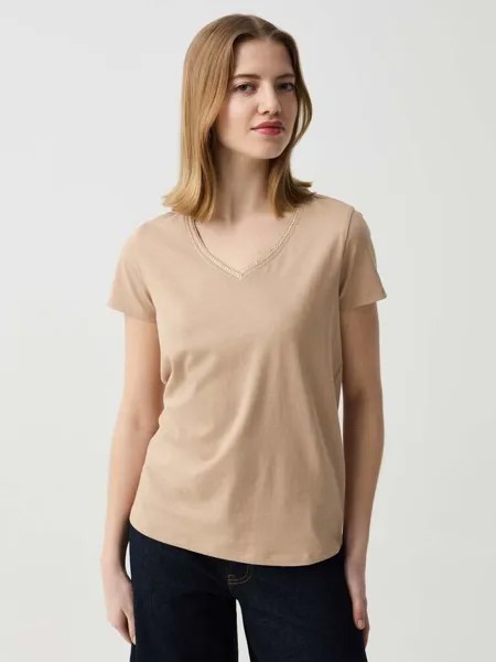 Футболка с V-образным вырезом и вышивкой из люрекса Ovs, цвет beige