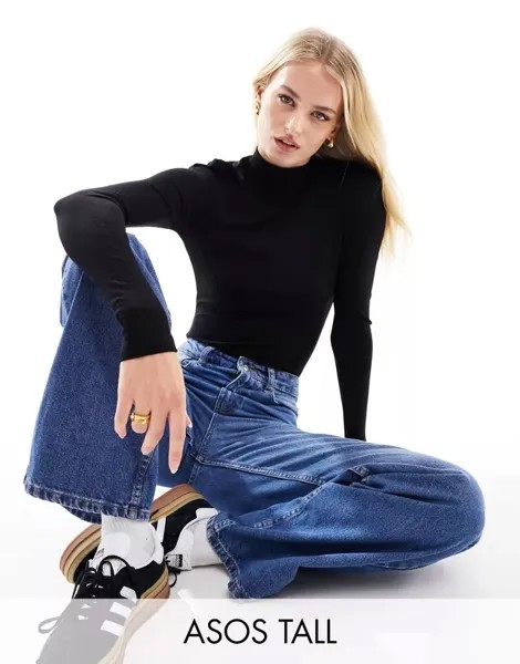 Черное боди с высоким воротником и длинными рукавами ASOS Tall