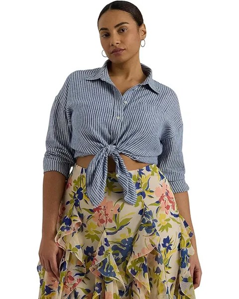 Рубашка LAUREN Ralph Lauren Plus-Size Relaxed Fit Pinstripe Linen, цвет Blue/White