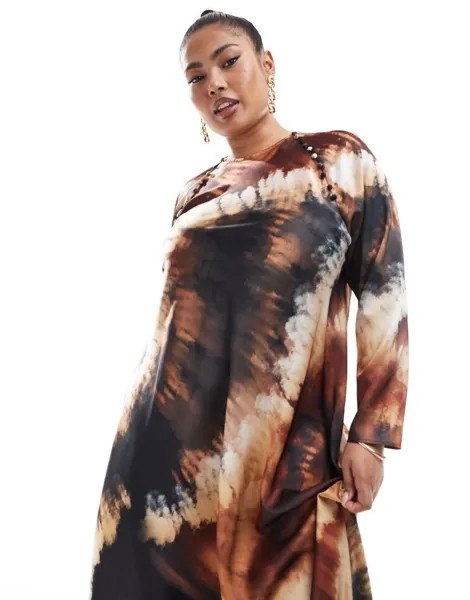 Атласное платье макси косого кроя ASOS DESIGN Curve с размытым цветочным принтом и пуговицами