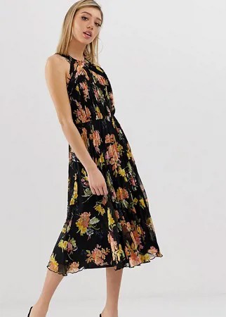 Плиссированное платье миди с лямкой через шею и цветочным принтом ASOS DESIGN Petite-Мульти