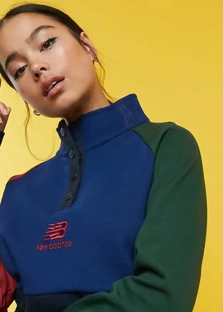 Укороченный свитшот в стиле колор блок с воротником на пуговицах New Balance – эксклюзивно для ASOS-Темно-синий