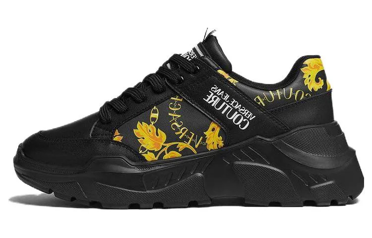 Кроссовки VERSACE JEANS Couture Chain-link Print Leather Low-top Sneakers, черный/золотой