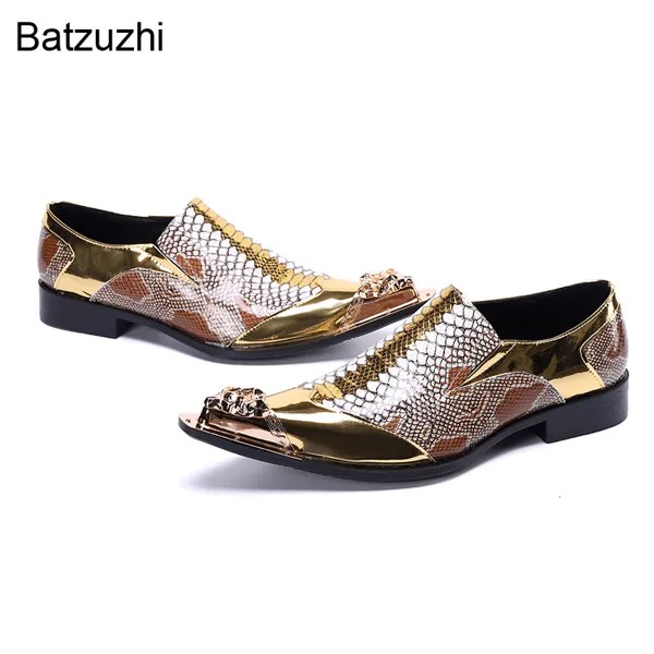 Batzuzhi роскошные мужские туфли ручной работы с острым носком Кожаные Классические мужские туфли без застежек золотые оксфорды для мужчин для вечеринки/свадьбы, искусственная кожа