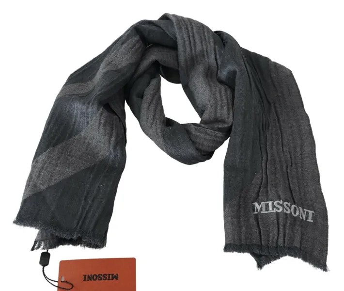 Шарф MISSONI, черный, серый, шерстяной, унисекс, с запахом на шею, шаль с логотипом, 136см x 32см, рекомендуемая розничная цена 340 долларов США