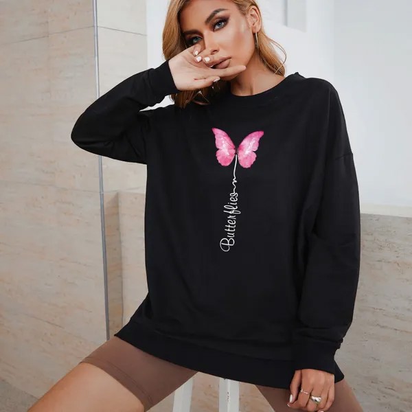 Пуловер с узором буквы и бабочки с принтом