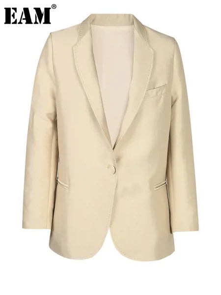 [EAM] Женский абрикосовый короткий элегантный Блейзер большого размера, новая свободная куртка с длинными рукавами и отворотом, модная весенне-осенняя коллекция 2023, CP04282