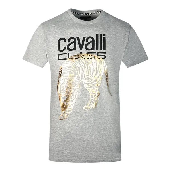 Серая футболка с большим золотым тигровым трафаретным логотипом Cavalli Class, серый