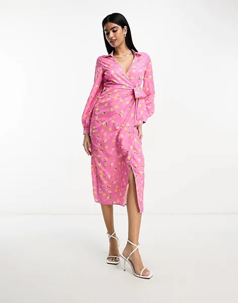 Розовое платье-рубашка миди с запахом и завязками In The Style