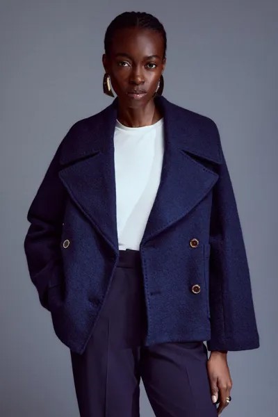 Шерстяное трикотажное полупальто Karen Millen, темно-синий