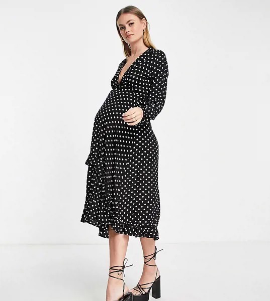 Платье миди черного цвета в горошек с запахом Queen Bee Maternity-Черный