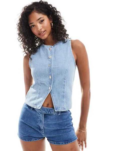 ASOS DESIGN – Синий джинсовый жилет с отбеленным эффектом