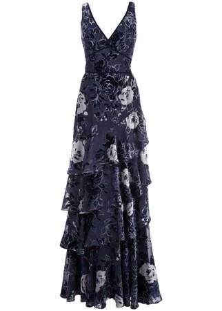 Marchesa Notte ярусное вечернее платье с цветочным принтом