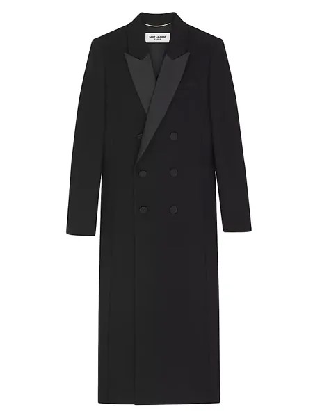 Двубортное пальто-смокинг из креповой шерсти Saint Laurent, черный