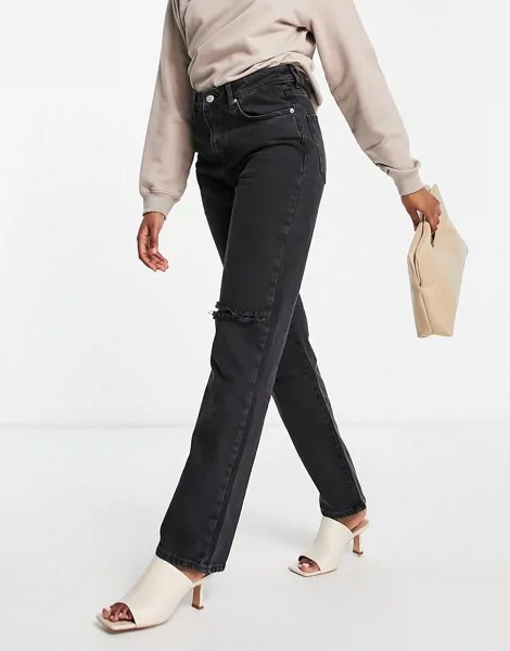 Черные выбеленные джинсы прямого кроя со рваной отделкой NA-KD-Черный цвет
