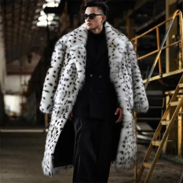 Новая шуба с леопардовым принтом, мужская куртка с длинным воротником, одежда из искусственного лисьего меха, теплая осенне-зимняя шуба