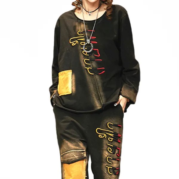 Осенняя одежда 2023, Модный корейский женский комплект из двух предметов с вышивкой, женские винтажные топы и брюки, спортивный костюм в стиле панк, Клубная одежда, новинка
