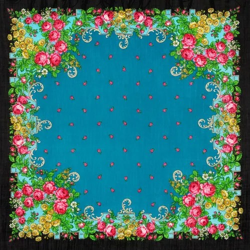Платок Павловопосадская платочная мануфактура,89х89 см, синий, зеленый