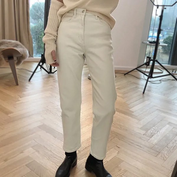Зимние белые джинсы с высокой талией для женщин, винтажные облегающие джинсовые брюки, Корейская женская одежда для работы, Модные теплые б...