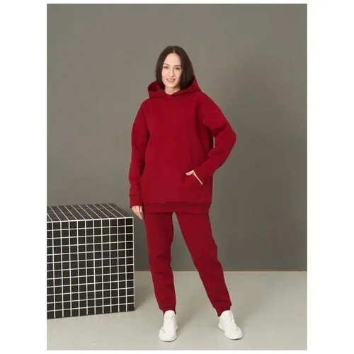Костюм, худи и брюки, повседневный стиль, оверсайз, манжеты, капюшон, трикотажный, карманы, пояс на резинке, плоские швы, размер 52-54, бордовый