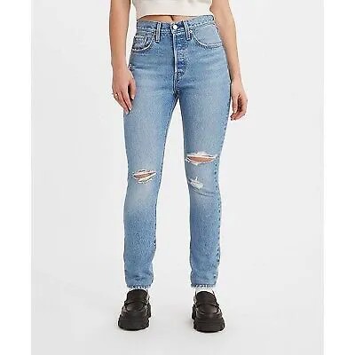 Женские укороченные джинсы-скинни Levis 501 с высокой посадкой - средний цвет индиго, разрушенные