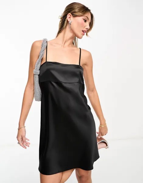 Черное атласное платье-комбинация со швами Miss Selfridge