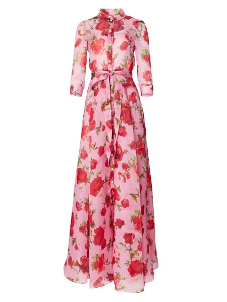 Шелковое платье-рубашка с поясом и цветочным принтом Carolina Herrera, розовый