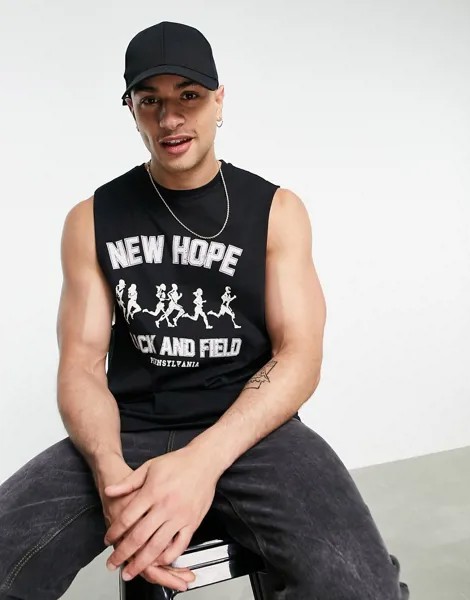 Свободная черная майка со спортивным принтом ASOS DESIGN-Черный цвет