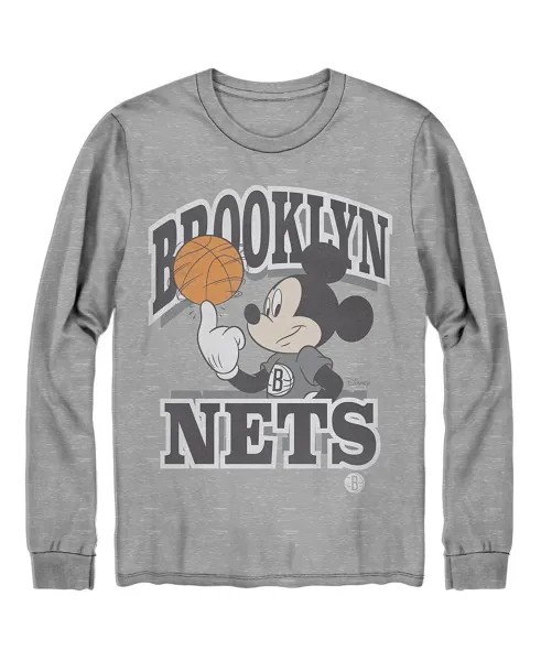 Мужская серая футболка с длинным рукавом brooklyn nets disney mickey team spirit Junk Food, серый