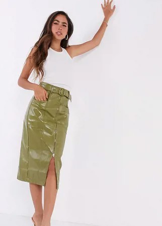 Лакированная юбка из полиуретана с ремнем Fashion Union-Зеленый