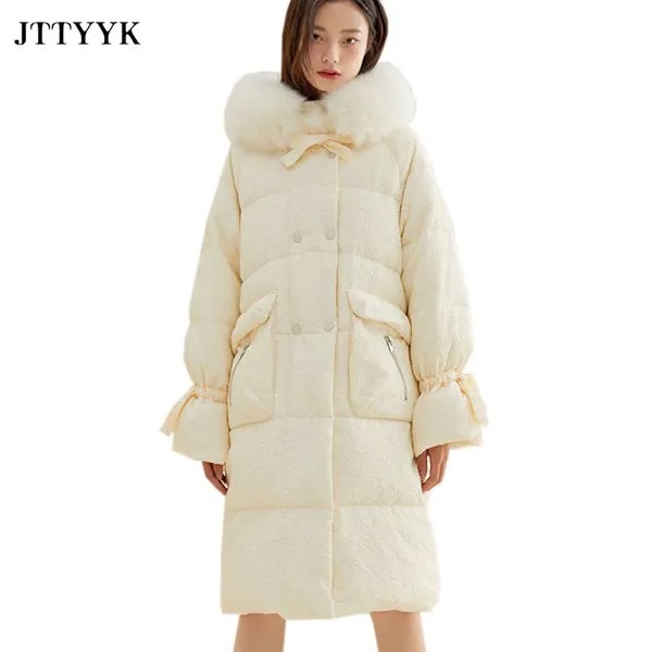 Женская длинная парка с натуральным мехом, пуховое пальто на белом утином пуху, зимняя одежда 2022, женская теплая пуховая куртка с капюшоном, ...