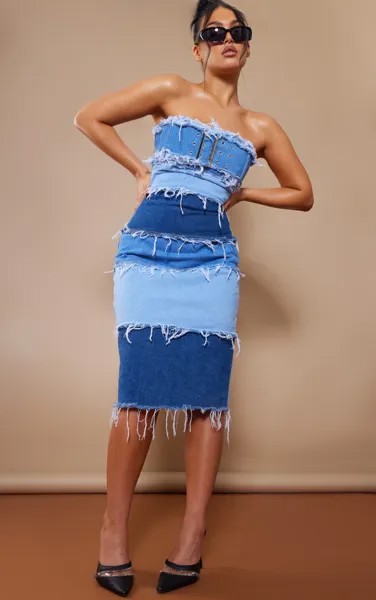 PrettyLittleThing Средне-синее джинсовое платье миди с рваными вставками и поясом