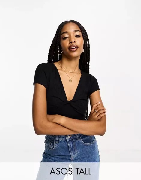Черное боди в рубчик с короткими рукавами и короткими рукавами ASOS DESIGN Tall