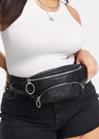Черная фактурная сумка-кошелек на пояс с серебристыми застежками-молниями ASOS DESIGN Curve-Черный цвет