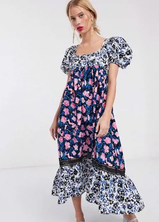 Платье макси с цветочным принтом и баской Lost Ink-Многоцветный