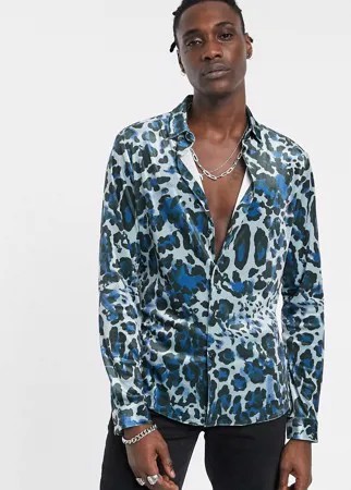 Приталенная бархатная рубашка с леопардовым принтом ASOS DESIGN-Синий