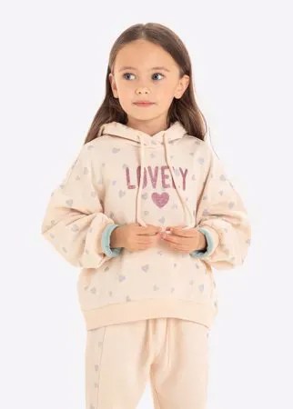 Бежевое худи oversize с принтом Lovely для девочки Gloria Jeans