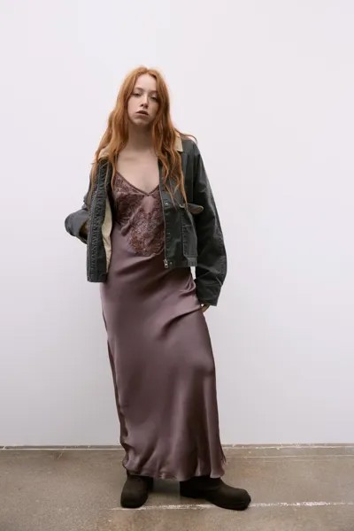 Контрастное вышитое платье с бисером ZARA, цвет aubergine