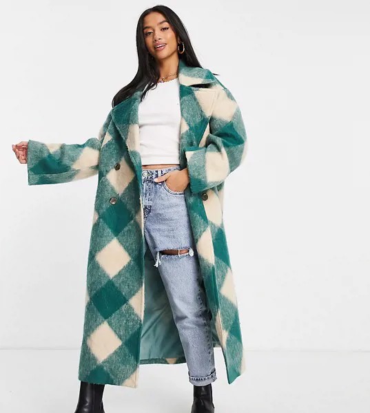 Oversized-пальто зеленого цвета в ромбовидную клетку ASOS DESIGN Petite-Зеленый цвет