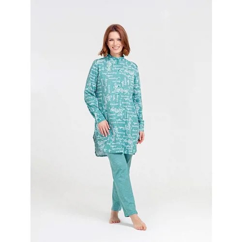 Костюм Lilians, туника и брюки, повседневный стиль, оверсайз, пояс на резинке, манжеты, трикотажный, размер 54, зеленый, голубой