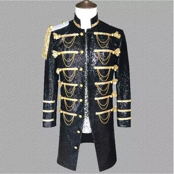 Куртка мужская для сцены, длинная приталенная цепочка с блестками, одежда для ночного клуба, певицы, ди-Джея, рок-группы, цвет серебристый/че...