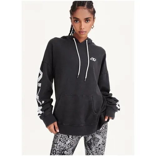 Худи DKNY L черное с белым лого на рукавах и карманом-кенгуру Pigment Dye Distressed Crackle Logo Relaxed Hoodie