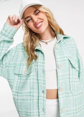 Зеленая куртка-рубашка в стиле oversized из твида в клетку Stradivarius-Зеленый цвет