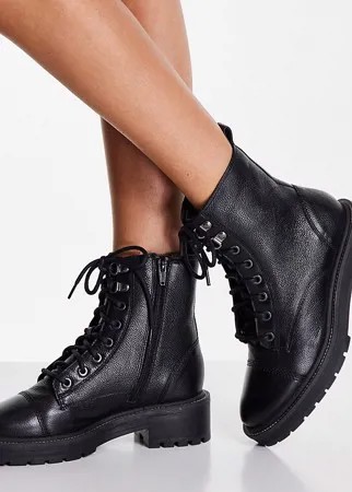 Черные кожаные ботинки в стиле милитари для широкой стопы на шнуровке River Island-Черный цвет