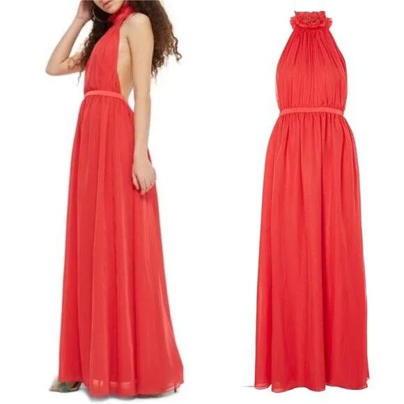 TOPSHOP Красное шифоновое платье макси с открытой спиной и рюшами в стиле ампир 10 США